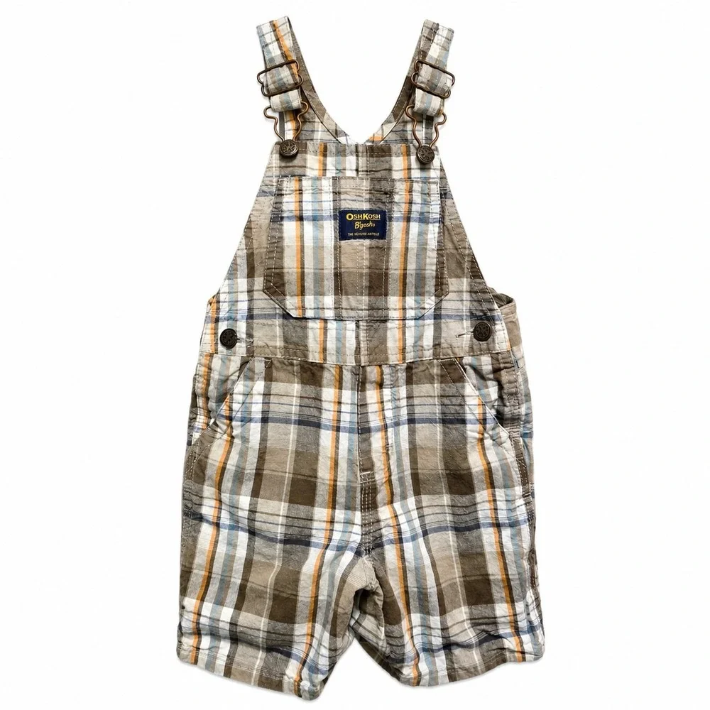 OshKosh B'gosh Vestbak Plaid Shortalls Overalls 24 Months Brown Blue Cotton